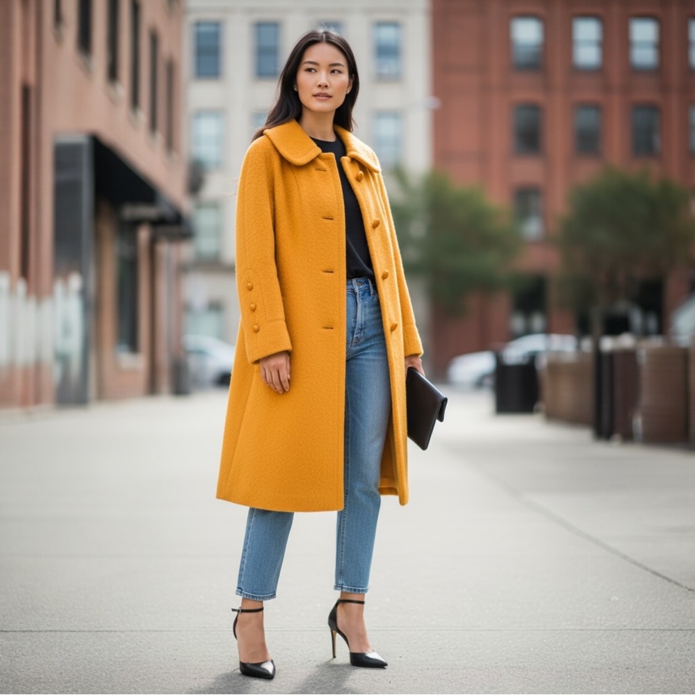 Vintage 1950’s  1960’s  Boiled Wool Coat  Mustard Yellow Mid-Length Coat